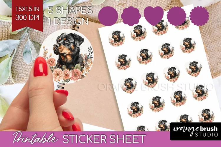 Floral Dog Round Sticker - Flowers Printable Sticker Sheet