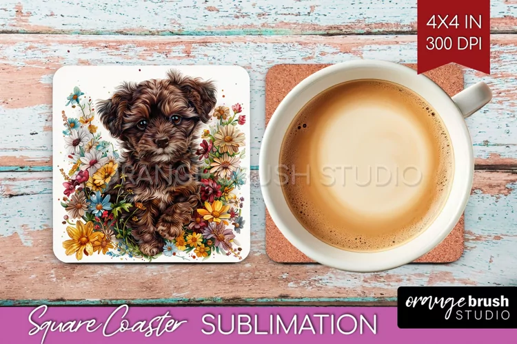 Floral Dog Square Coaster - Flowers Coaster PNG Sublimation