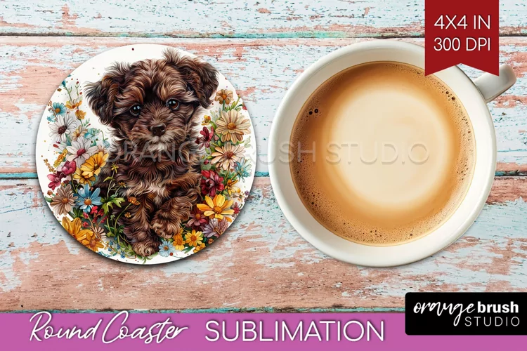 Floral Dog Round Coaster - Flowers Coaster PNG Sublimation