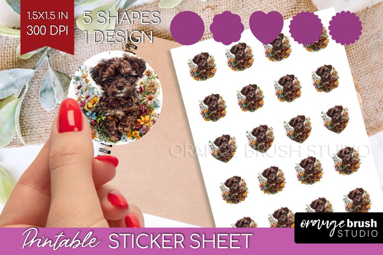 Floral Dog Round Sticker - Flowers Printable Sticker Sheet example image 1