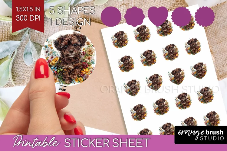 Floral Dog Round Sticker - Flowers Printable Sticker Sheet