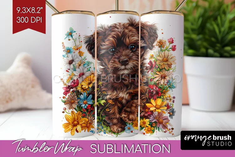 Floral Dog Tumbler Wrap - Flowers Tumbler PNG Sublimation