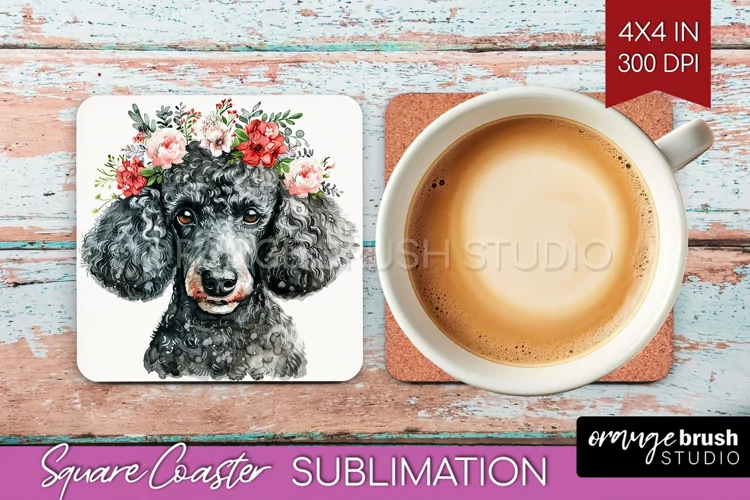 Floral Dog Square Coaster - Flowers Coaster PNG Sublimation