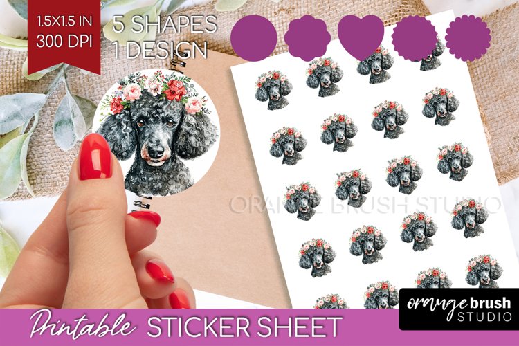 Floral Dog Round Sticker - Flowers Printable Sticker Sheet example image 1