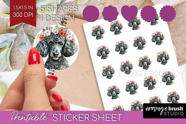 Floral Dog Round Sticker - Flowers Printable Sticker Sheet