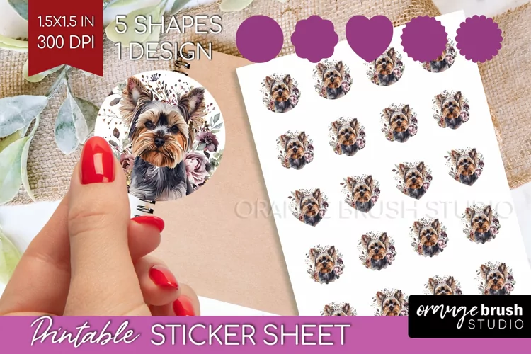 Floral Dog Round Sticker - Flowers Printable Sticker Sheet