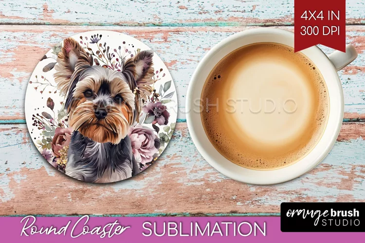 Floral Dog Round Coaster - Flowers Coaster PNG Sublimation