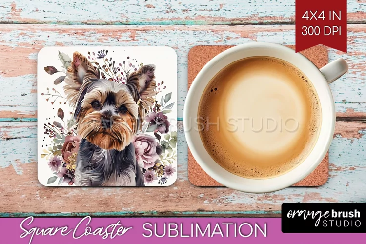 Floral Dog Square Coaster - Flowers Coaster PNG Sublimation
