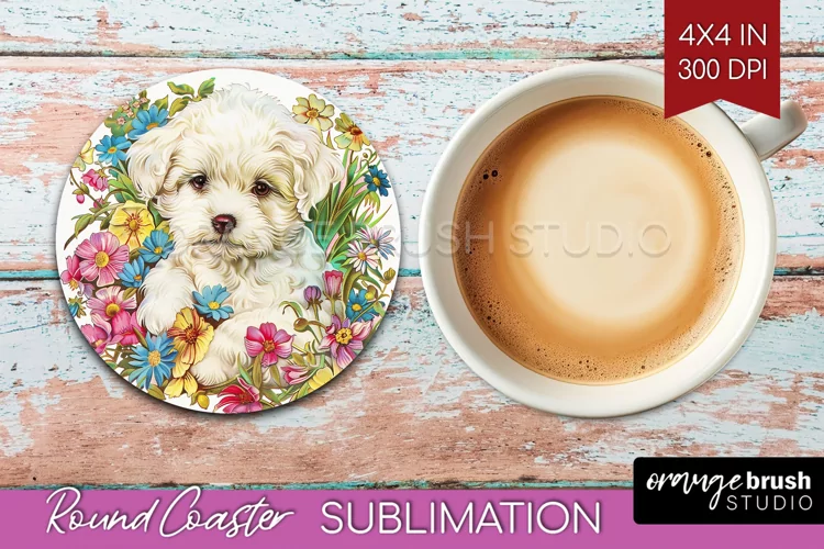 Floral Dog Round Coaster - Flowers Coaster PNG Sublimation