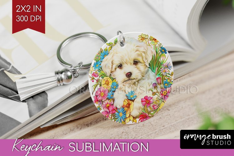 Floral Dog Keychain PNG - Flowers Keychain Sublimation