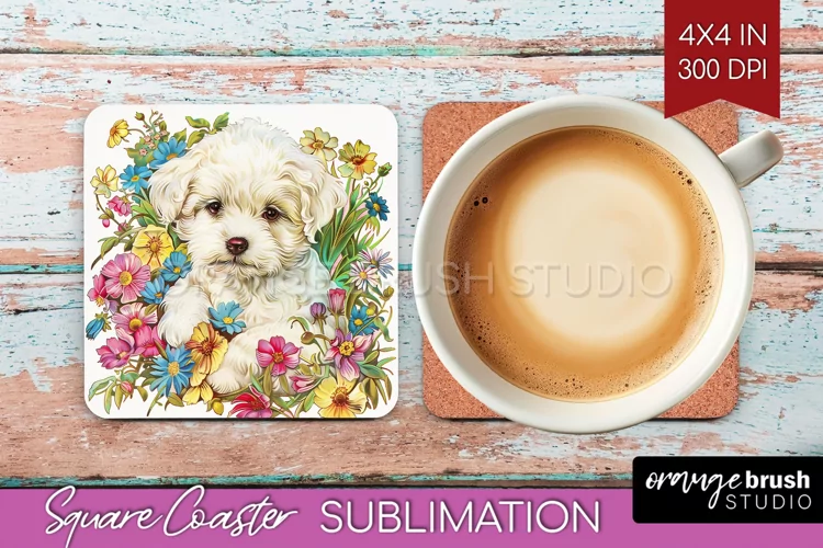 Floral Dog Square Coaster - Flowers Coaster PNG Sublimation