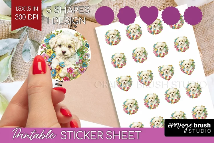 Floral Dog Round Sticker - Flowers Printable Sticker Sheet