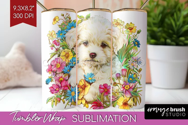 Floral Dog Tumbler Wrap - Flowers Tumbler PNG Sublimation