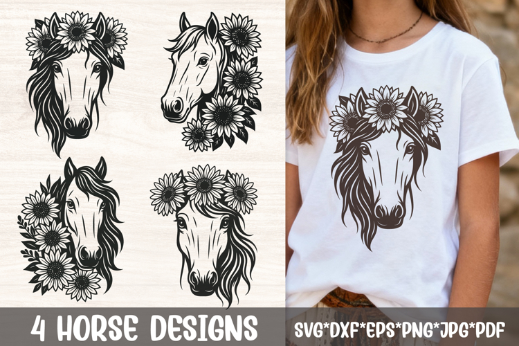 4 Floral Horse SVG Files | Sunflower Boho Line Art Designs