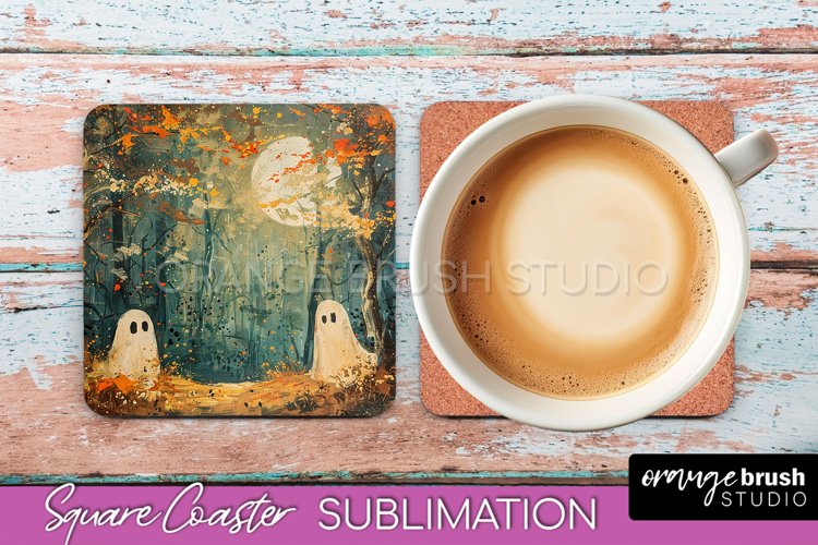 Ghost Coaster - Halloween Square Coaster Sublimation Design