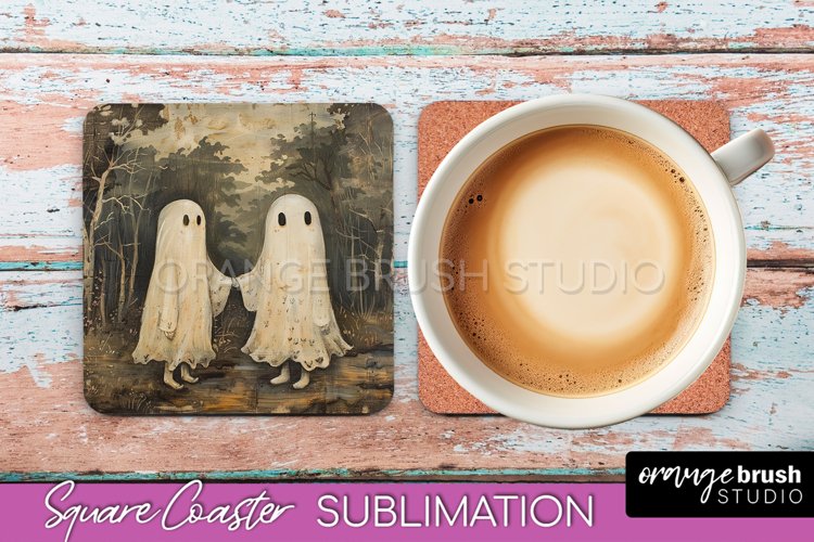 Ghost Coaster - Halloween Square Coaster Sublimation Design