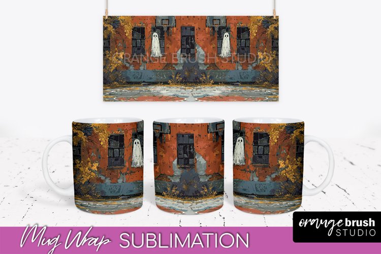 Ghost Mug Wrap - Vintage Halloween Mug Sublimation Design example image 1