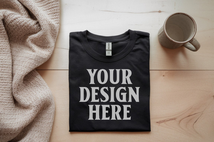 Gildan 64000 Black Folded T-Shirt Mockup | Flat Lay Unisex