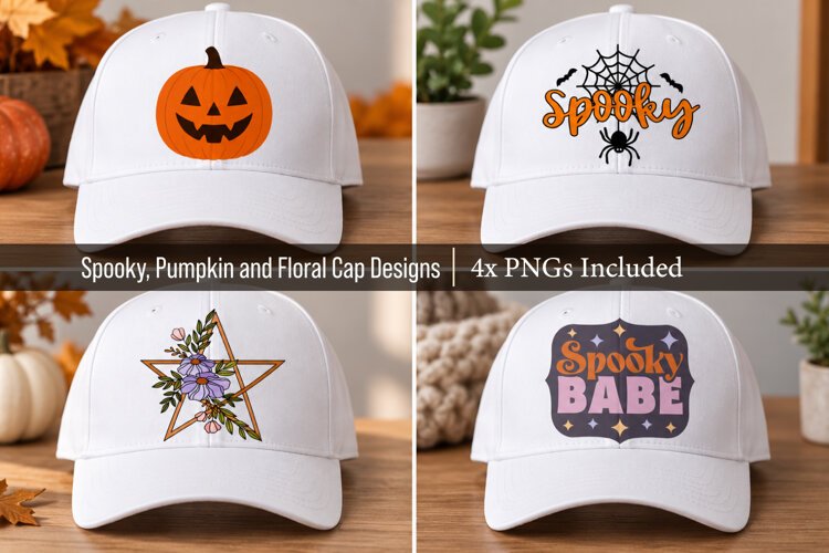 4x Halloween PNG Designs Spooky Pumpkin & Floral Cap Designs example image 1
