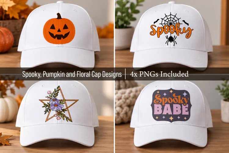 4x Halloween PNG Designs Spooky Pumpkin & Floral Cap Designs