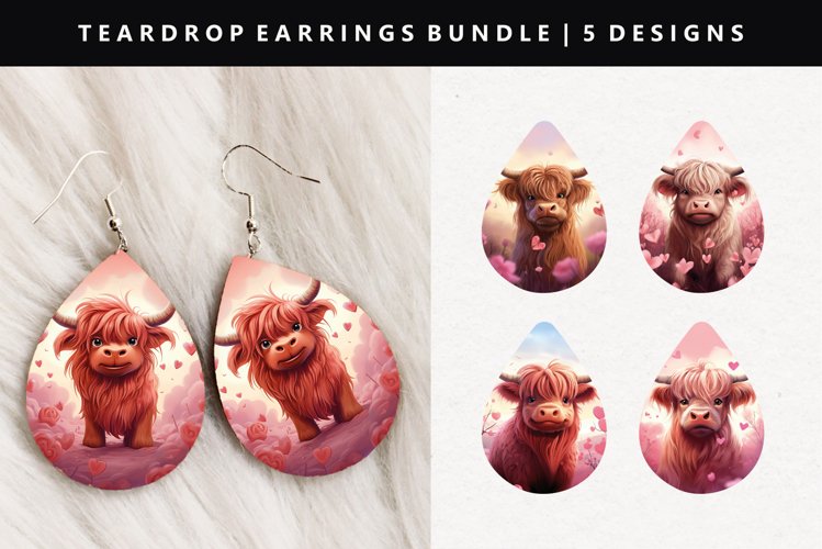Highland Cow Teardrop Earring Sublimation PNG Design
