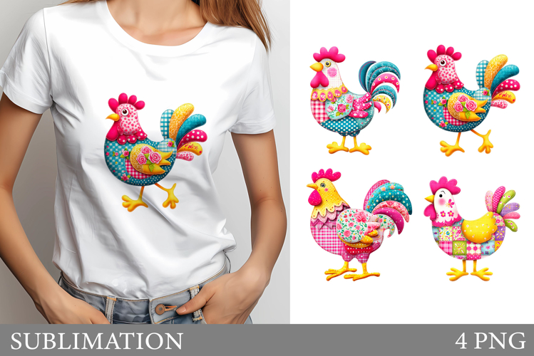 Patchwork Rooster Sublimation. Cute Rooster T-Shirt Design