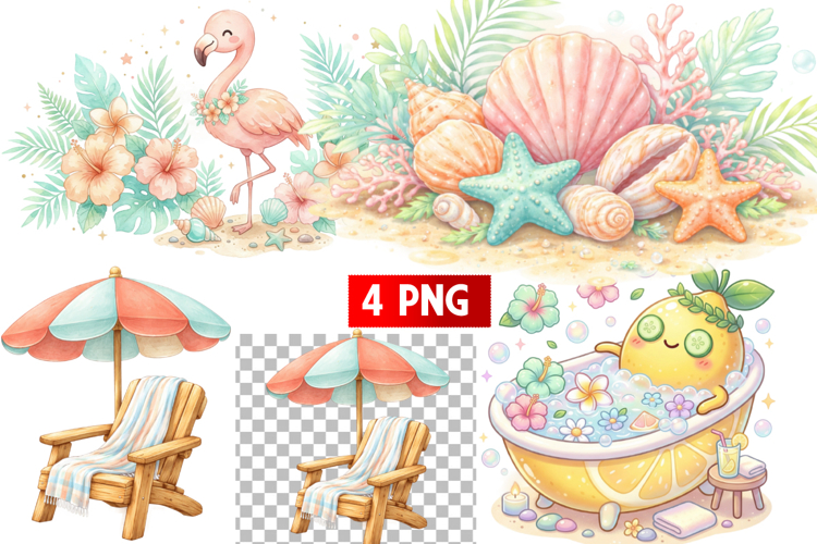 Summer Beach PNG | Flamingo, Seashells   Lemon Bath Clipart