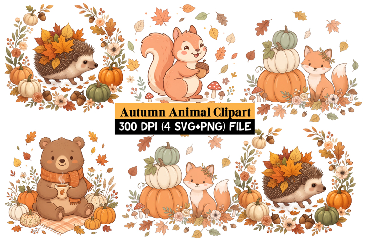 Autumn Clipart Design,Fox, Bear, Hedgehog & Squirrel PNG SVG
