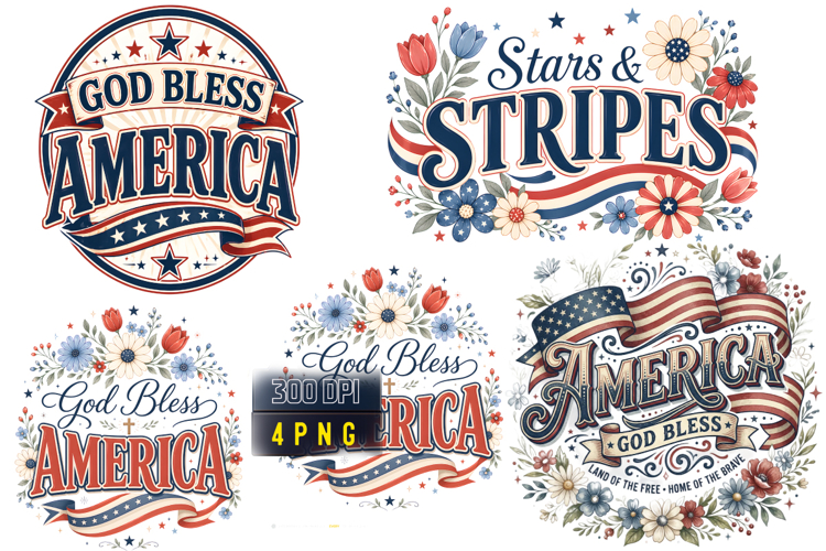 God Bless America PNG, Stars and Stripes Floral PNG, Vintage