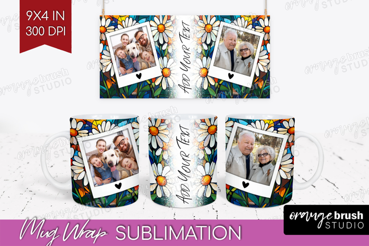 Stained Glass Photo Mug Wrap PNG - Flowers Picture Frame Mug