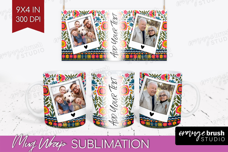 Folk Flowers Photo Mug Wrap PNG - Floral Picture Frame Mug
