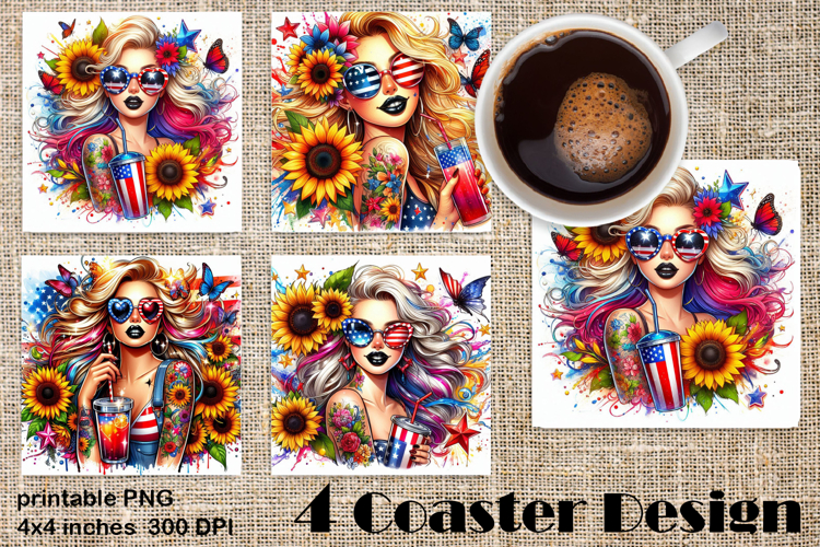 4 of July Patriotic girl, American Flag square coasters