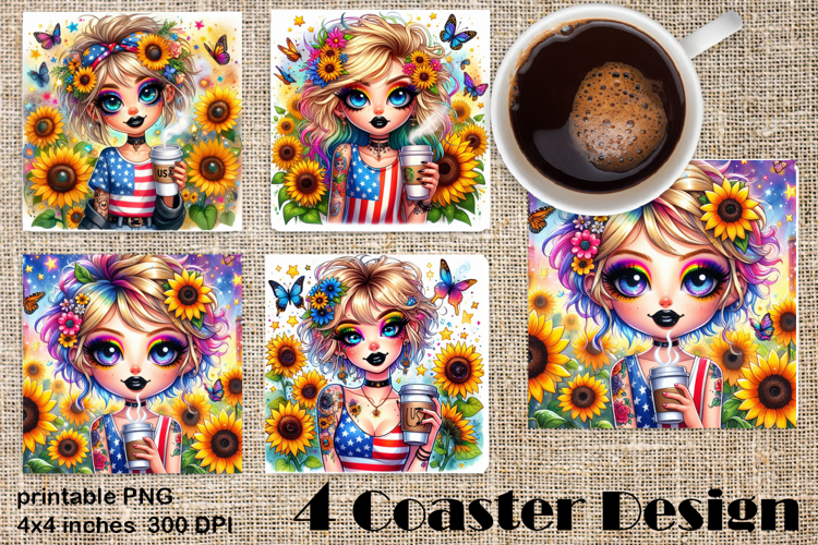 4 of July Patriotic girl, American Flag square coasters