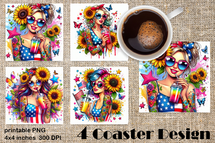 4 of July Patriotic girl, American Flag square coasters