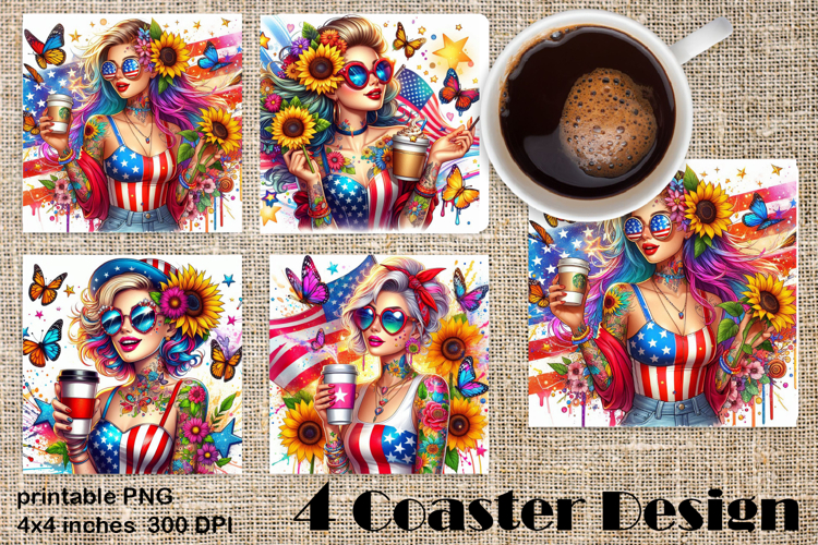 4 of July Patriotic girl, American Flag square coasters