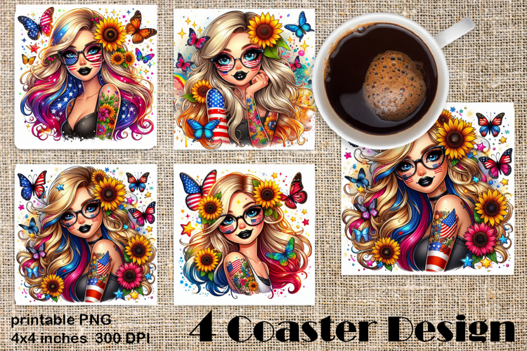 4 of July Patriotic girl, American Flag square coasters