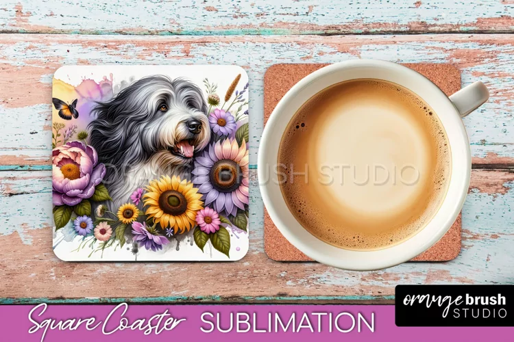 Old English Sheepdog Square Coaster Dog Sublimation Floral