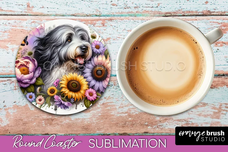 Old English Sheepdog Round Coaster Dog Sublimation Floral