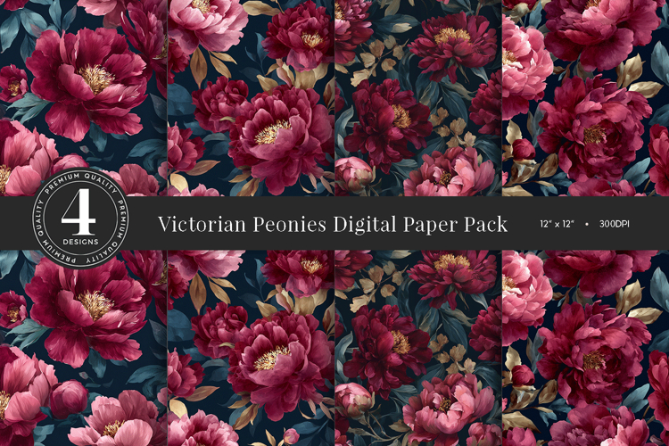 Dark Peony Floral Digital Paper