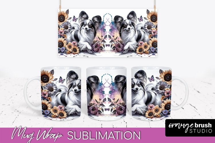 Papillon Mug Wrap Dog Sublimation Floral PNG