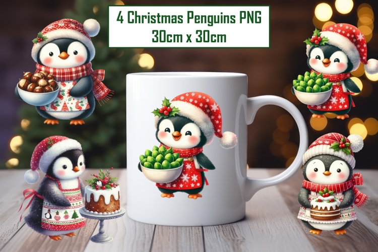 4 Cute Christmas Penguins Sublimations 30cm x 30cm PNG