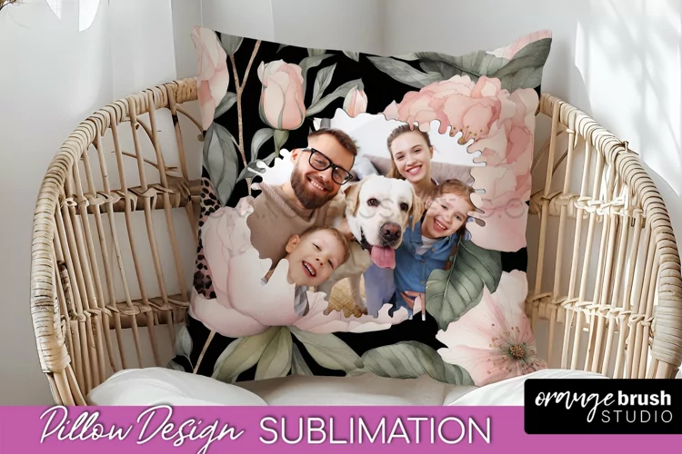 Family Photo Frame Pillow Sublimation - Floral Pillow Cover