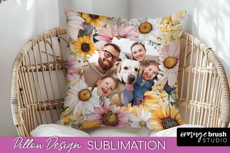 Family Photo Frame Pillow Sublimation - Floral Pillow Cover