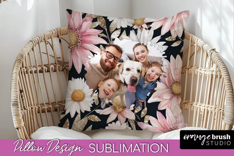 Family Photo Frame Pillow Sublimation - Floral Pillow Cover