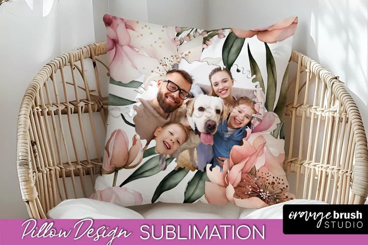 Family Photo Frame Pillow Sublimation - Floral Pillow Cover