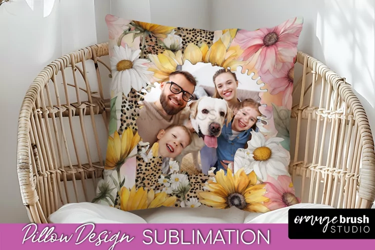 Family Photo Frame Pillow Sublimation - Floral Pillow Cover