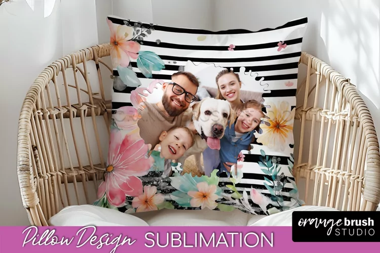 Family Photo Frame Pillow Sublimation - Floral Pillow Cover