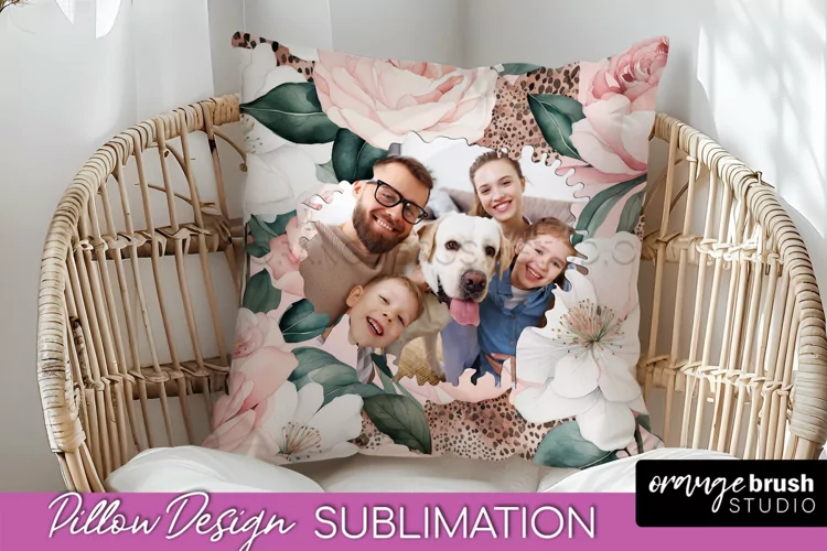 Family Photo Frame Pillow Sublimation - Floral Pillow Cover