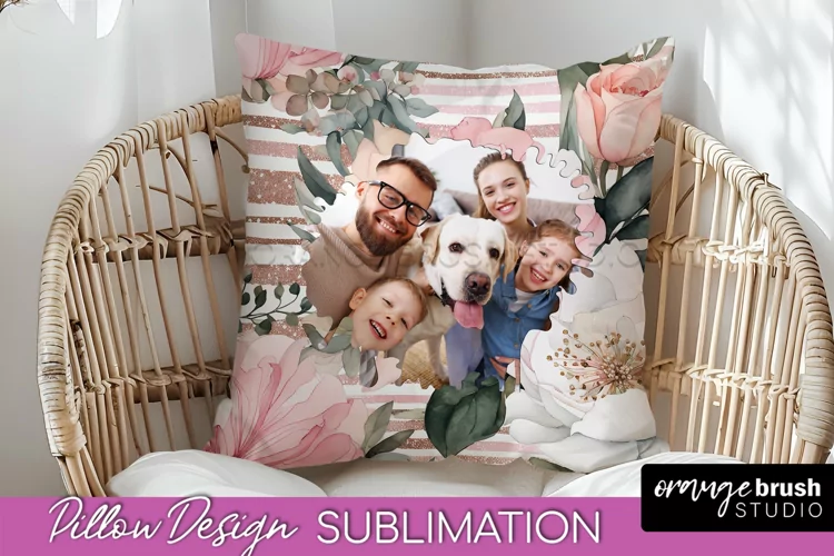Family Photo Frame Pillow Sublimation - Floral Pillow Cover