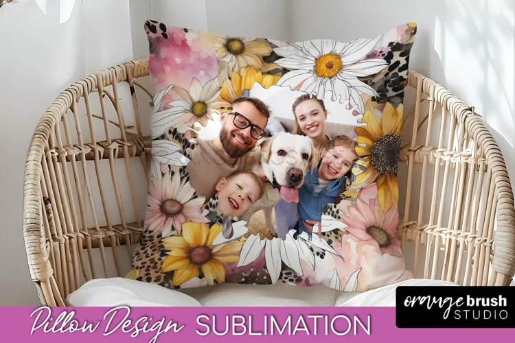 Family Photo Frame Pillow Sublimation - Floral Pillow Cover